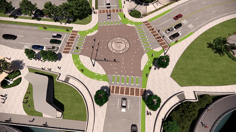 Protected intersections include “corner islands” that separate pedestrians and bicyclists from automobile traffic.  